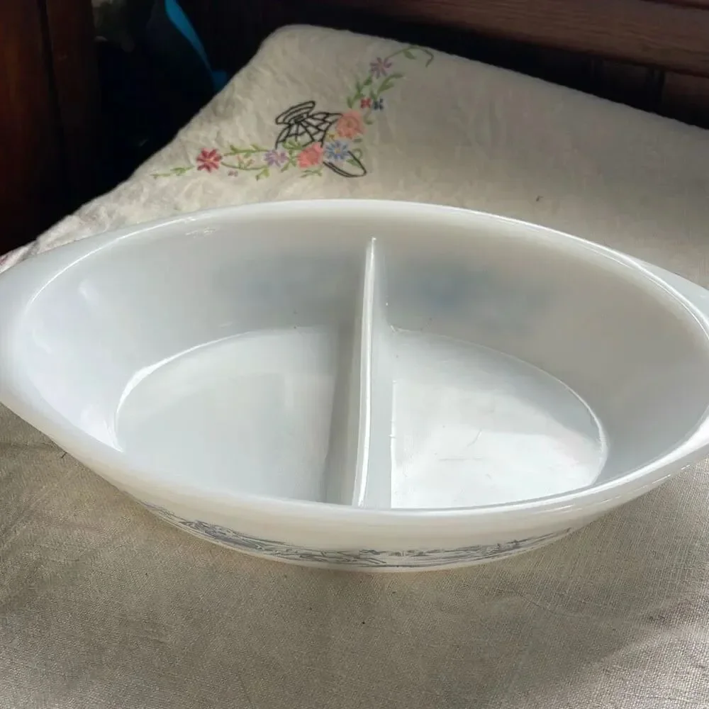 Vintage Glasbake divided dish Currier & Ives